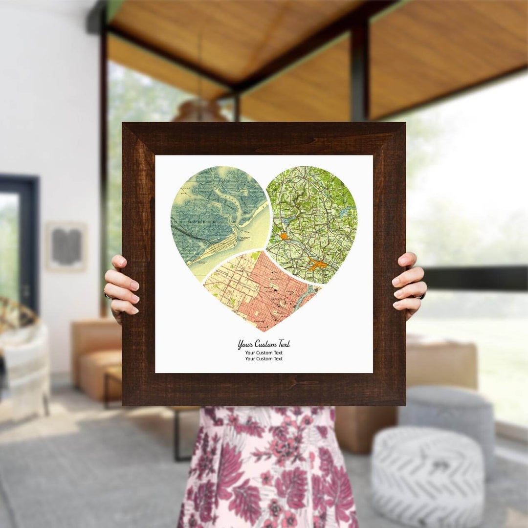 Heart Shape Atlas Art Personalized with 3 Joining Maps, Styled#color-finish_espresso-wide-frame