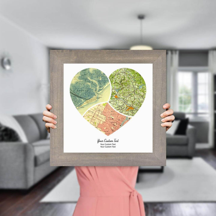 Heart Shape Atlas Art Personalized with 3 Joining Maps, Styled#color-finish_gray-wide-frame