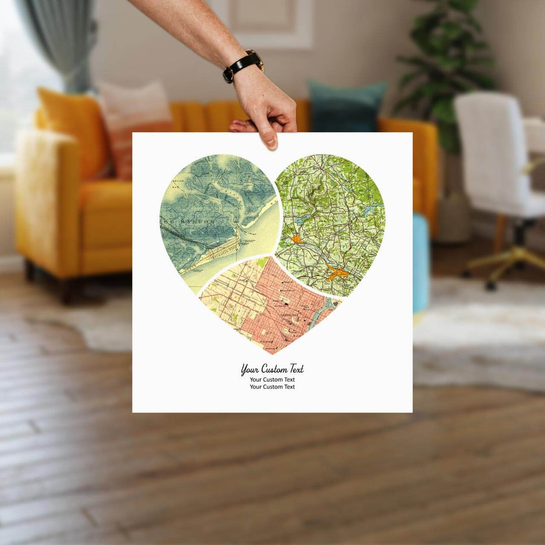 Heart Shape Atlas Art Personalized with 3 Joining Maps, Styled#color-finish_unframed