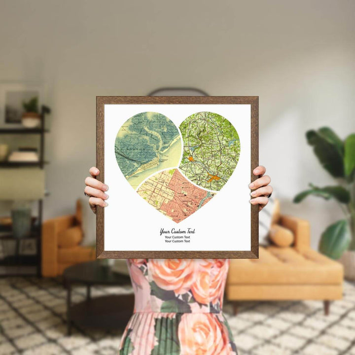 Heart Shape Atlas Art Personalized with 3 Joining Maps, Styled#color-finish_walnut-thin-frame