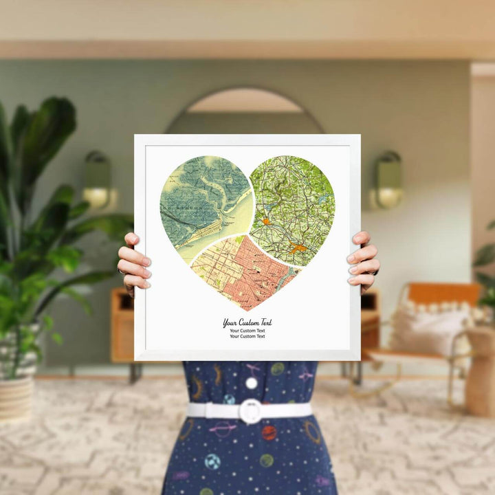 Heart Shape Atlas Art Personalized with 3 Joining Maps, Styled#color-finish_white-thin-frame