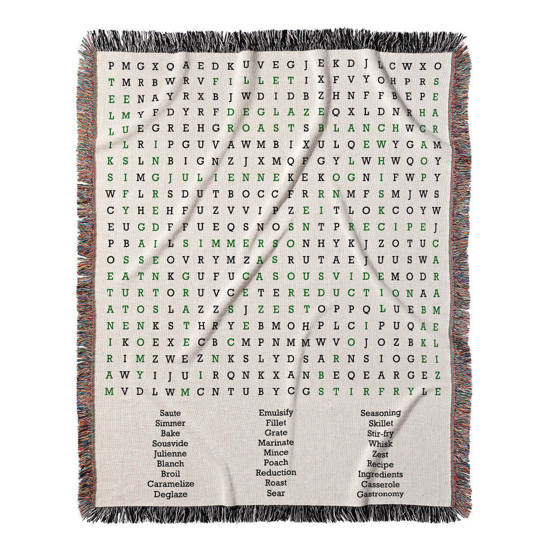 Culinary Quest Word Search, 50x60 Woven Throw Blanket, Green#color-of-hidden-words_green