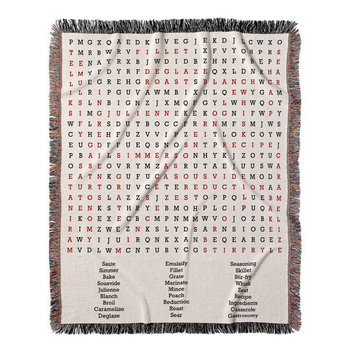 Culinary Quest Word Search, 50x60 Woven Throw Blanket, Red#color-of-hidden-words_red