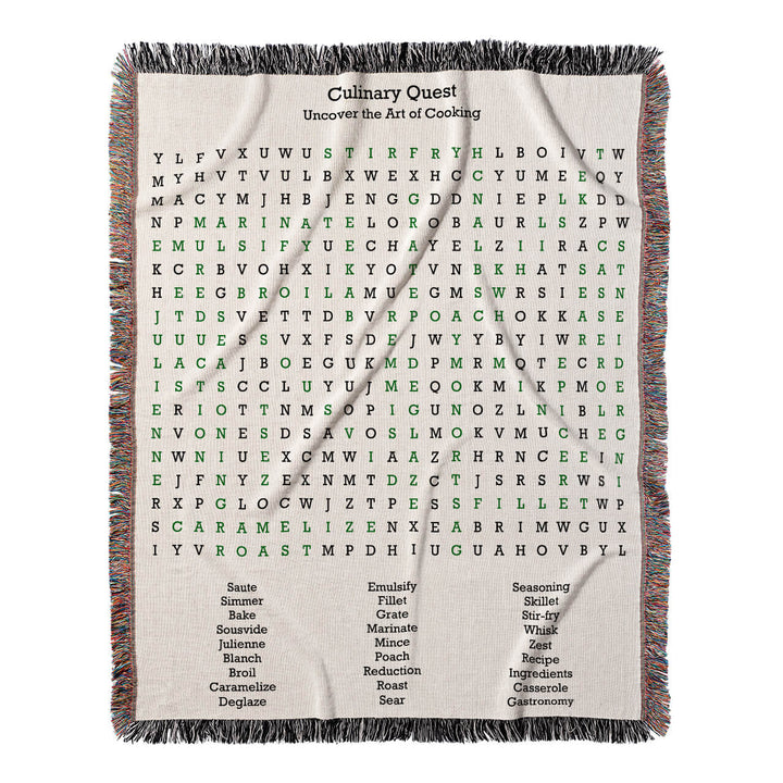 Culinary Quest Word Search, 50x60 Woven Throw Blanket, Green#color-of-hidden-words_green