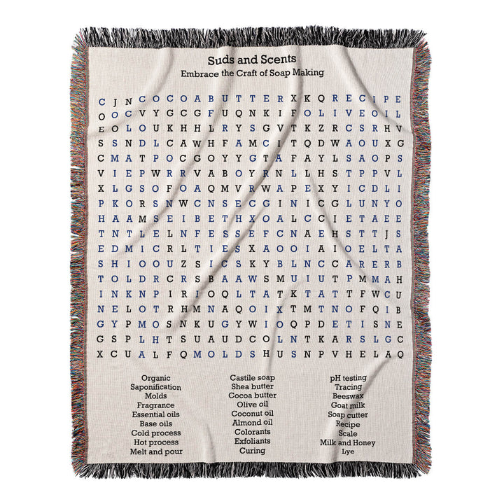 Suds and Scents Word Search, 50x60 Woven Throw Blanket, Blue#color-of-hidden-words_blue