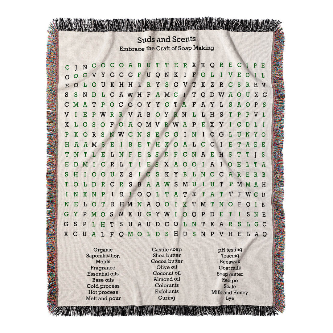 Suds and Scents Word Search, 50x60 Woven Throw Blanket, Green#color-of-hidden-words_green