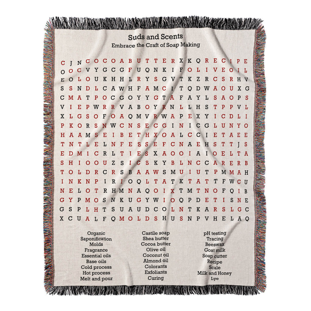 Suds and Scents Word Search, 50x60 Woven Throw Blanket, Red#color-of-hidden-words_red