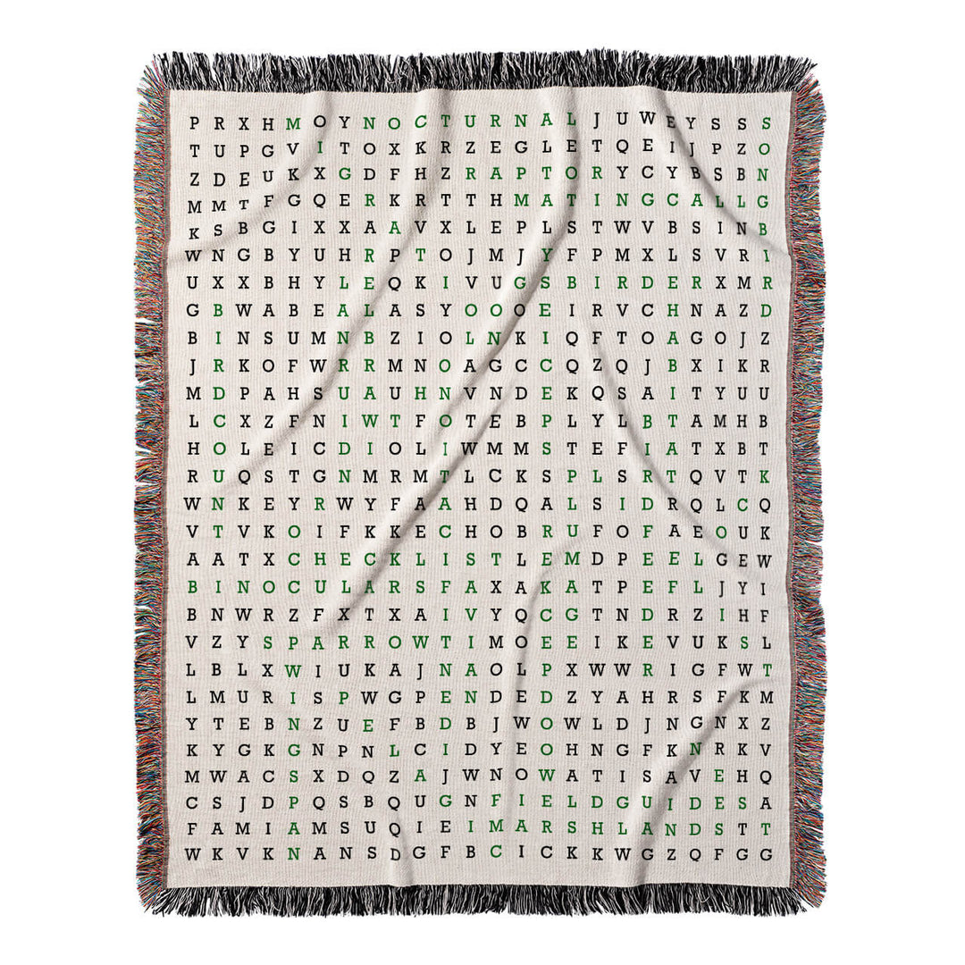 Feathered Friends Word Search, 50x60 Woven Throw Blanket, Green#color-of-hidden-words_green