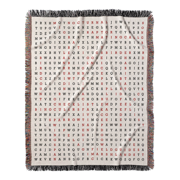 Feathered Friends Word Search, 50x60 Woven Throw Blanket, Red#color-of-hidden-words_red