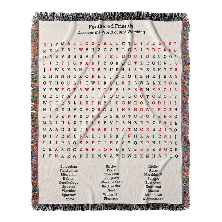 Feathered Friends Word Search, 50x60 Woven Throw Blanket, Red#color-of-hidden-words_red