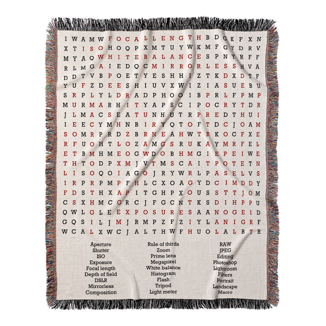 Capturing Moments Word Search, 50x60 Woven Throw Blanket, Red#color-of-hidden-words_red