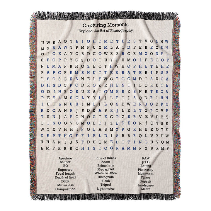 Capturing Moments Word Search, 50x60 Woven Throw Blanket, Blue#color-of-hidden-words_blue