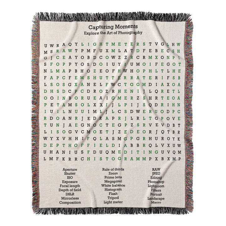 Capturing Moments Word Search, 50x60 Woven Throw Blanket, Green#color-of-hidden-words_green
