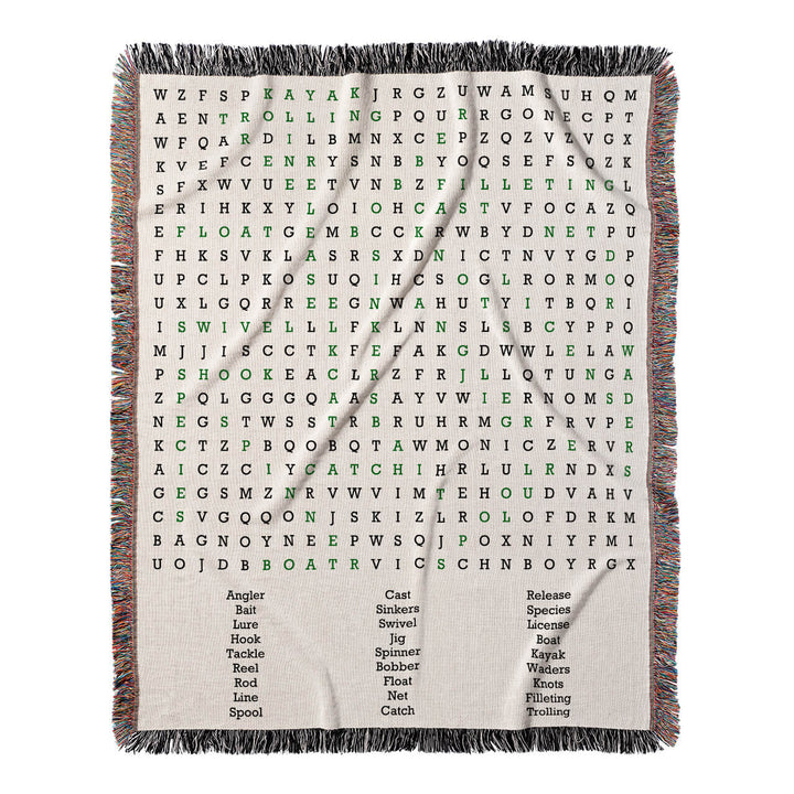 Reel Excitement Word Search, 50x60 Woven Throw Blanket, Green#color-of-hidden-words_green