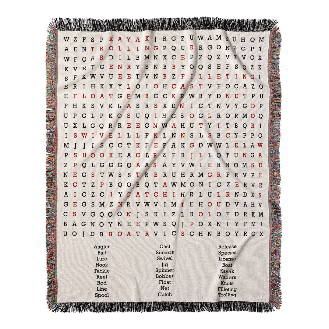 Reel Excitement Word Search, 50x60 Woven Throw Blanket, Red#color-of-hidden-words_red