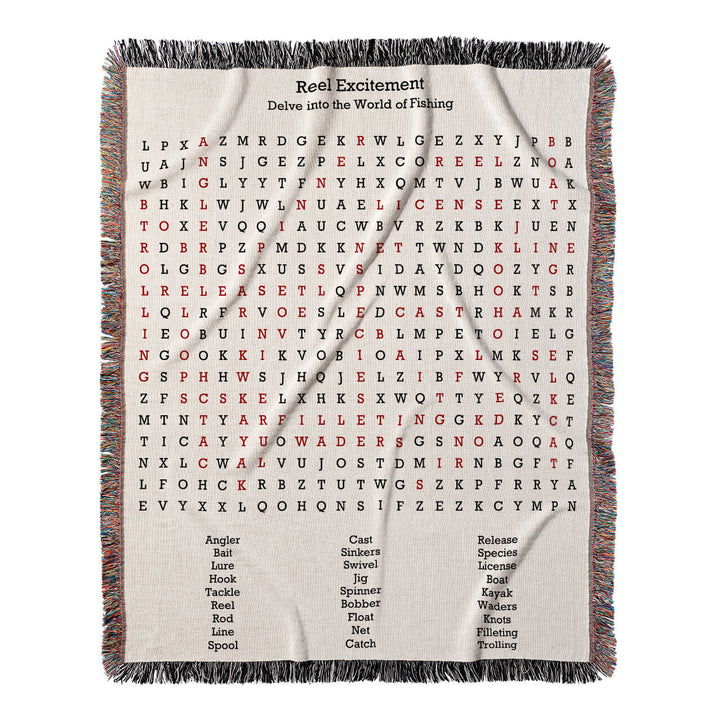 Reel Excitement Word Search, 50x60 Woven Throw Blanket, Red#color-of-hidden-words_red