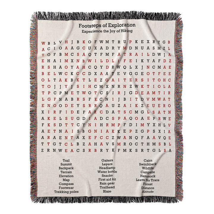Footsteps of Exploration Word Search, 50x60 Woven Throw Blanket, Red#color-of-hidden-words_red