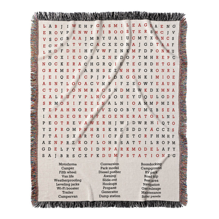 Road Trip Wonders Word Search, 50x60 Woven Throw Blanket, Red#color-of-hidden-words_red