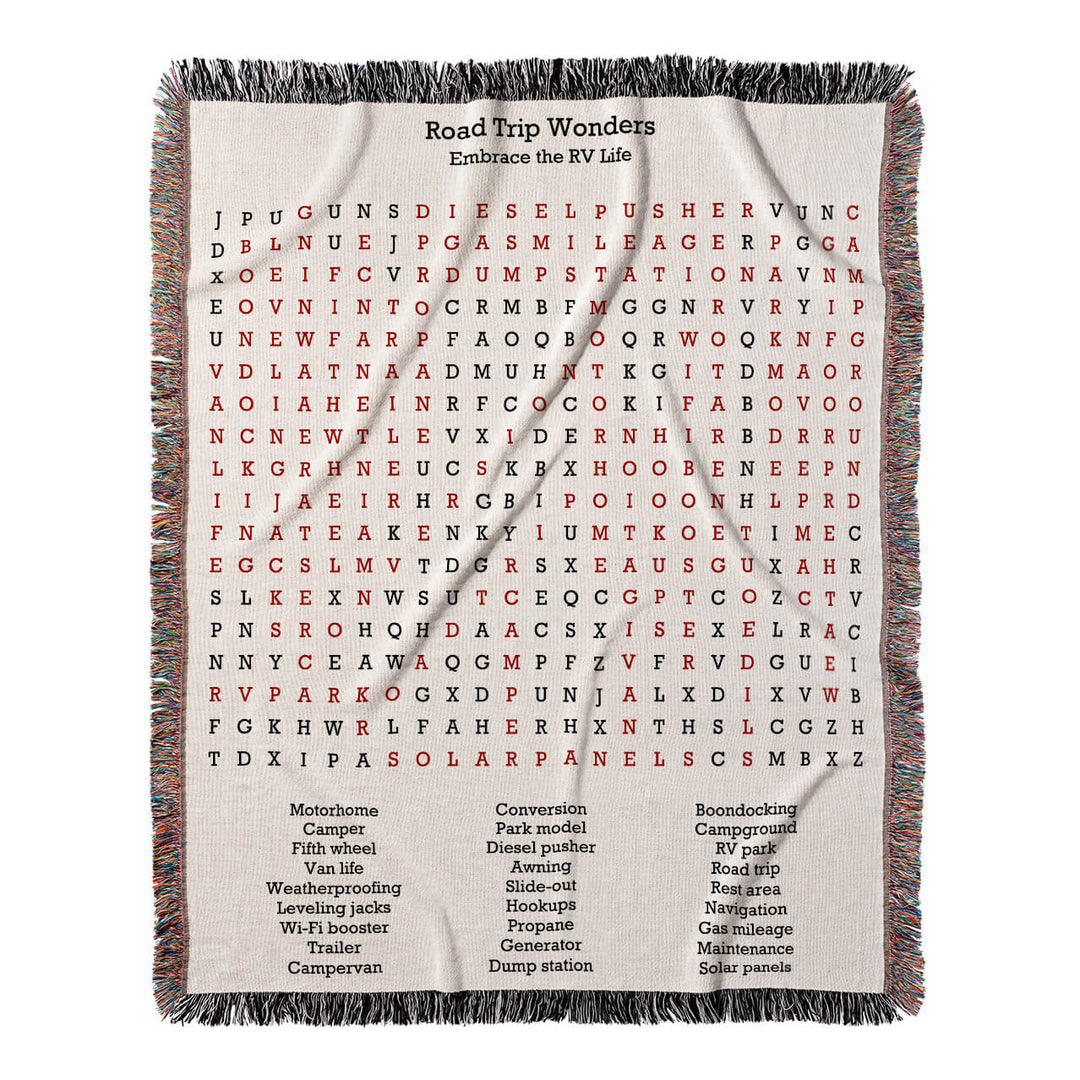 Road Trip Wonders Word Search, 50x60 Woven Throw Blanket, Red#color-of-hidden-words_red
