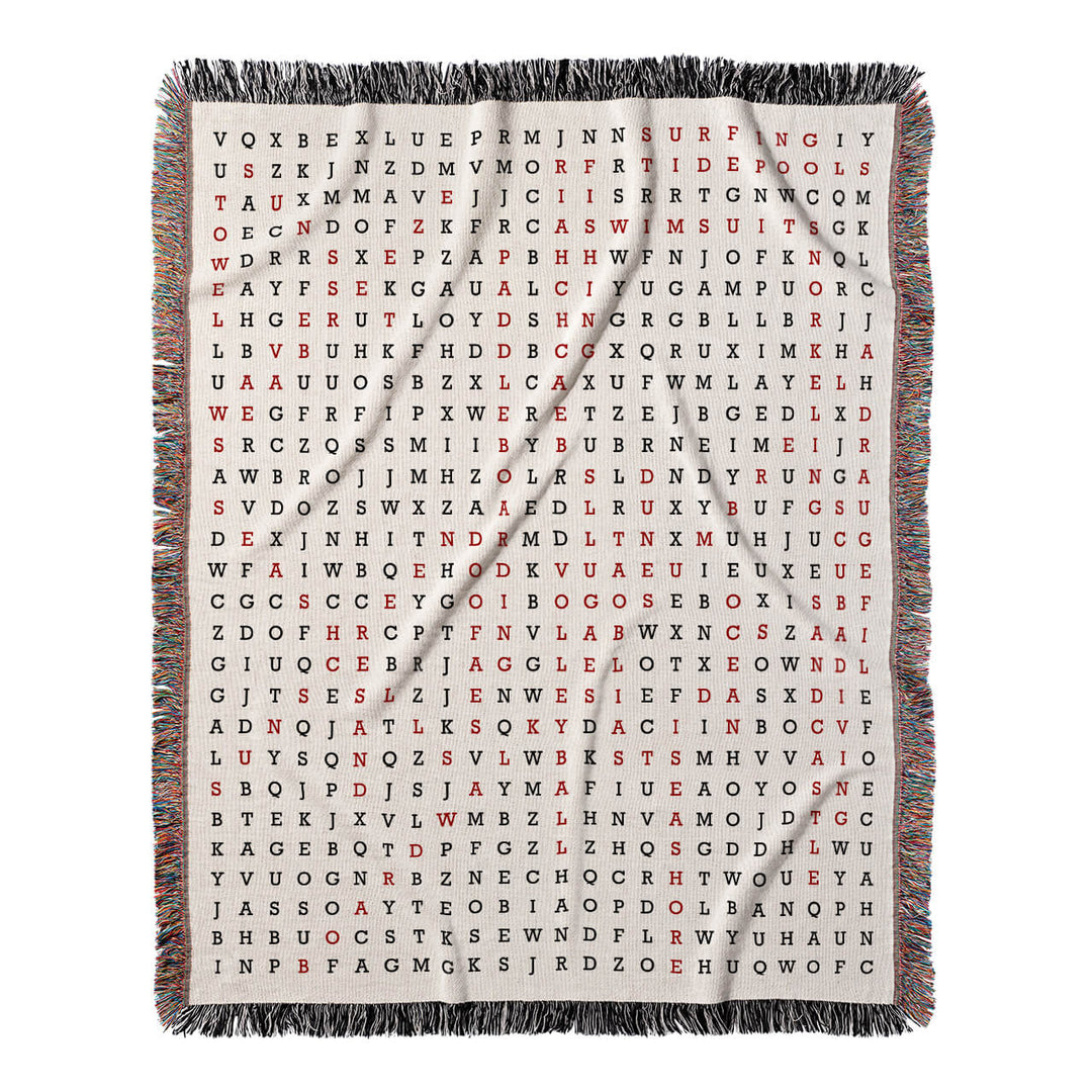 Coastal Escapades Word Search, 50x60 Woven Throw Blanket, Red#color-of-hidden-words_red