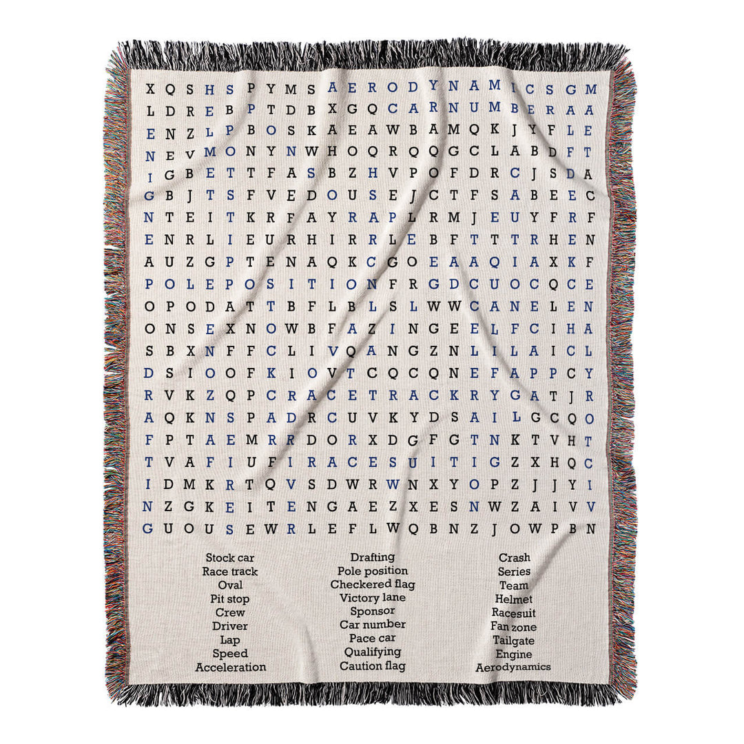 Trackside Tales Word Search, 50x60 Woven Throw Blanket, Blue#color-of-hidden-words_blue