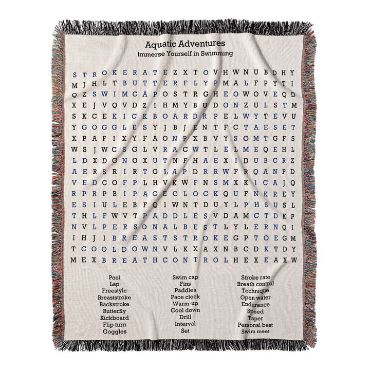 Aquatic Adventures Word Search, 50x60 Woven Throw Blanket, Blue#color-of-hidden-words_blue