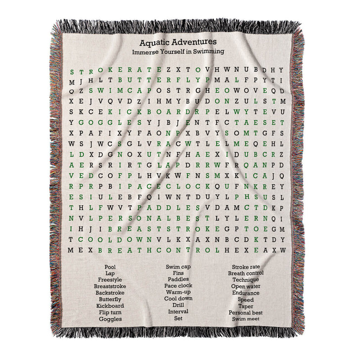 Aquatic Adventures Word Search, 50x60 Woven Throw Blanket, Green#color-of-hidden-words_green
