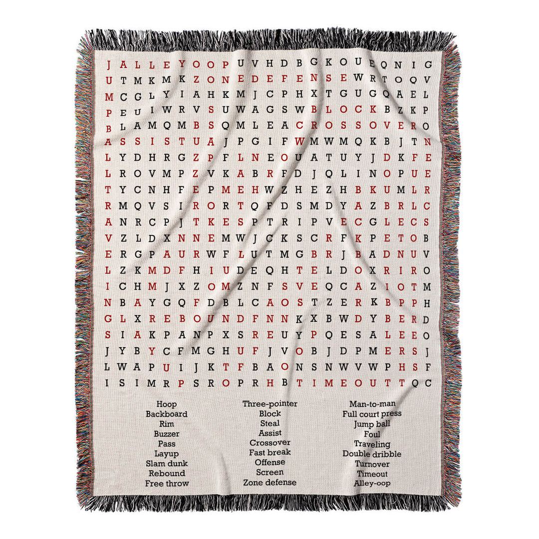 Slam Dunk Fun Word Search, 50x60 Woven Throw Blanket, Red#color-of-hidden-words_red