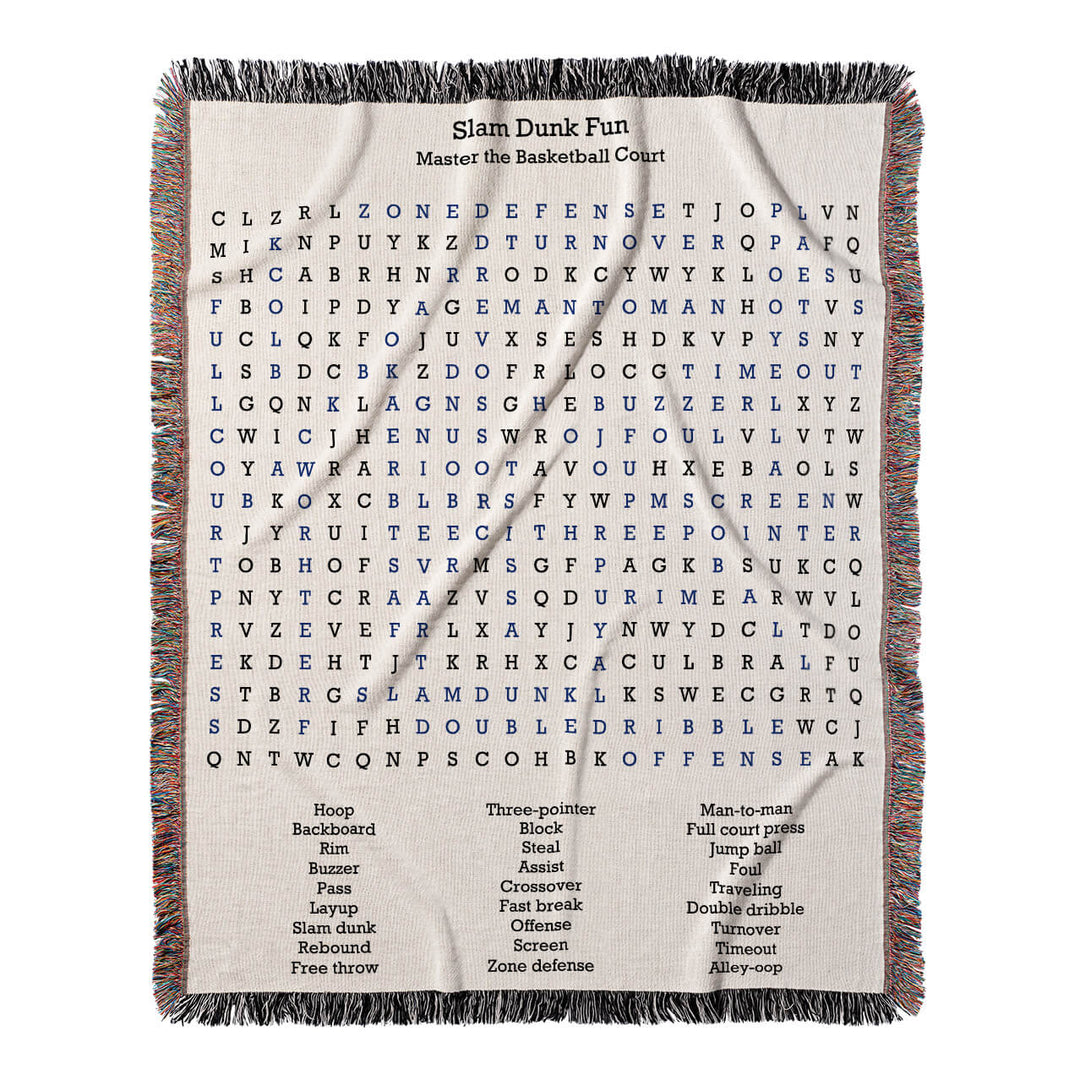 Slam Dunk Fun Word Search, 50x60 Woven Throw Blanket, Blue#color-of-hidden-words_blue