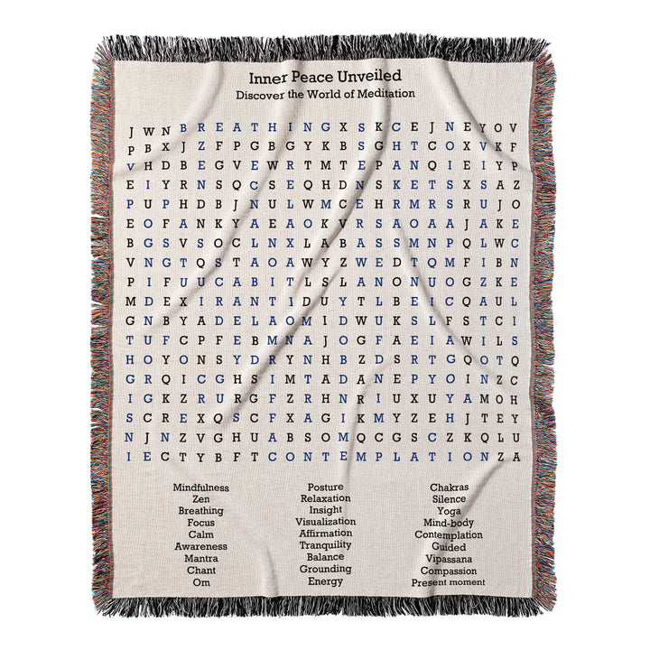 Inner Peace Unveiled Word Search, 50x60 Woven Throw Blanket, Blue#color-of-hidden-words_blue