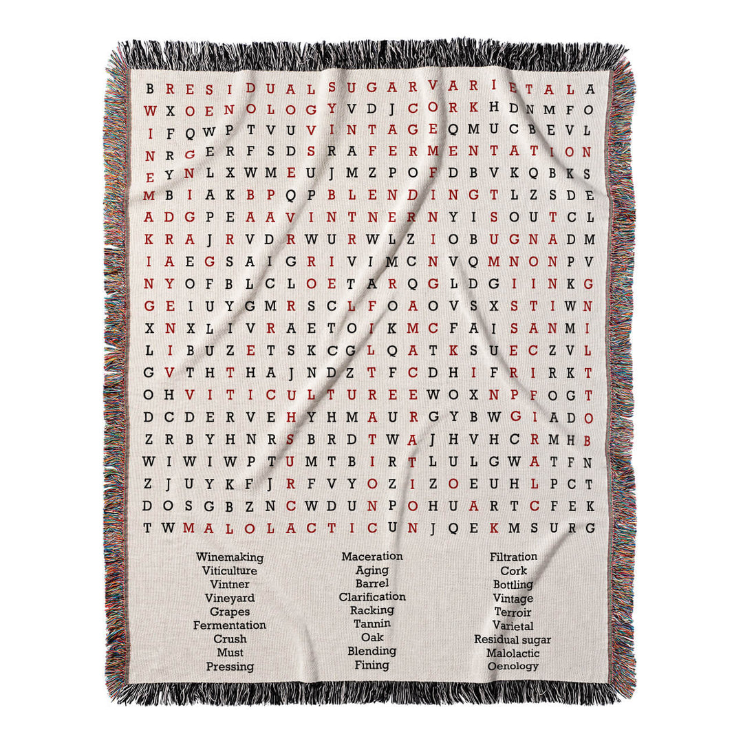 Grape Escapes Word Search, 50x60 Woven Throw Blanket, Red#color-of-hidden-words_red