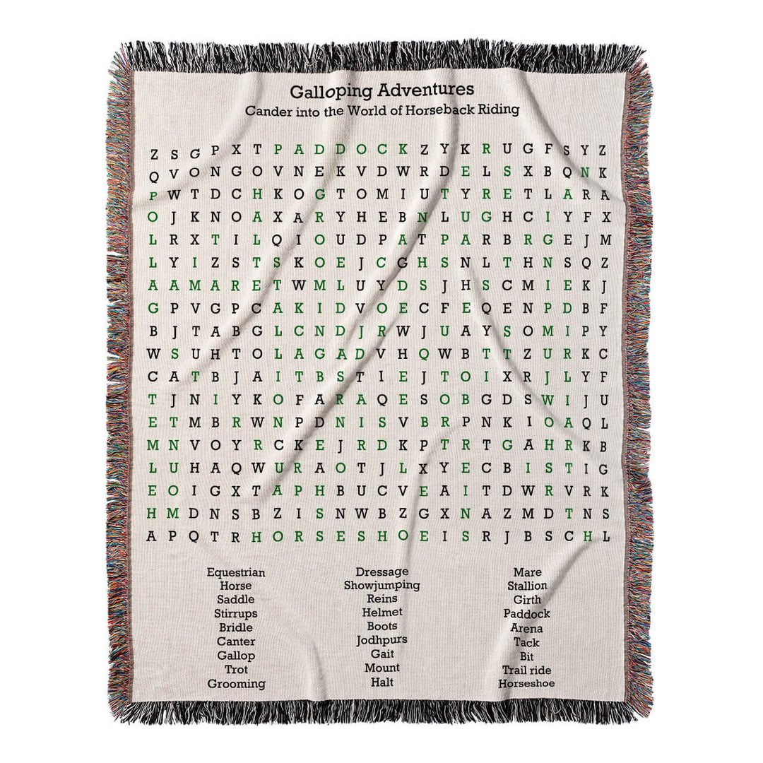 Galloping Adventures Word Search, 50x60 Woven Throw Blanket, Green#color-of-hidden-words_green