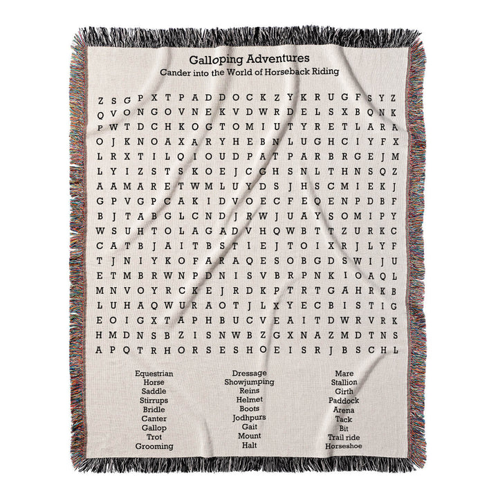 Galloping Adventures Word Search, 50x60 Woven Throw Blanket, Hidden#color-of-hidden-words_hidden