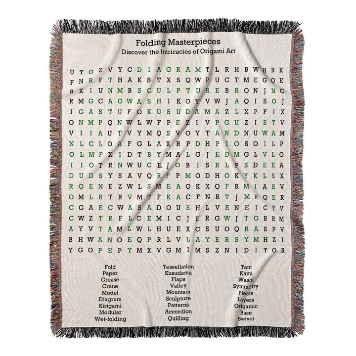 Folding Masterpieces Word Search, 50x60 Woven Throw Blanket, Green#color-of-hidden-words_green