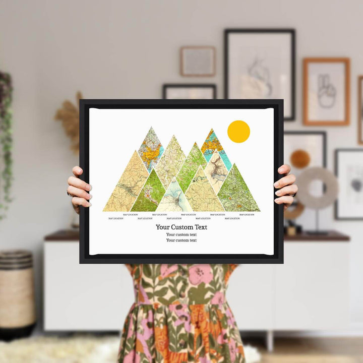 Personalized Mountain Atlas Map with 10 Locations, Black Floater Framed Art Print, Styled#color-finish_black-floater-frame