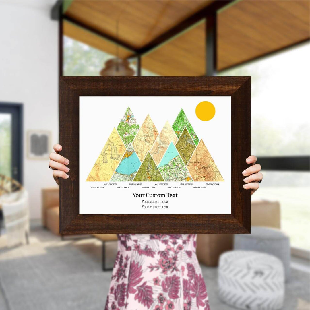 Personalized Mountain Atlas Map with 10 Locations, Espresso Wide Framed Art Print, Styled#color-finish_espresso-wide-frame