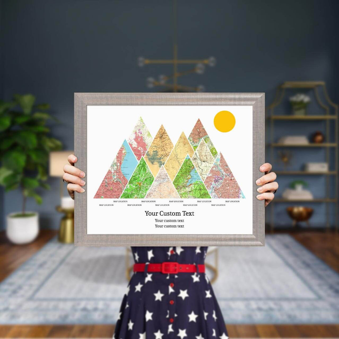 Personalized Mountain Atlas Map with 10 Locations, Gray Beveled Framed Art Print, Styled#color-finish_gray-beveled-frame