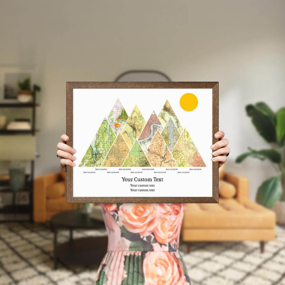 Personalized Mountain Atlas Map with 10 Locations, Walnut Thin Framed Art Print, Styled#color-finish_walnut-thin-frame