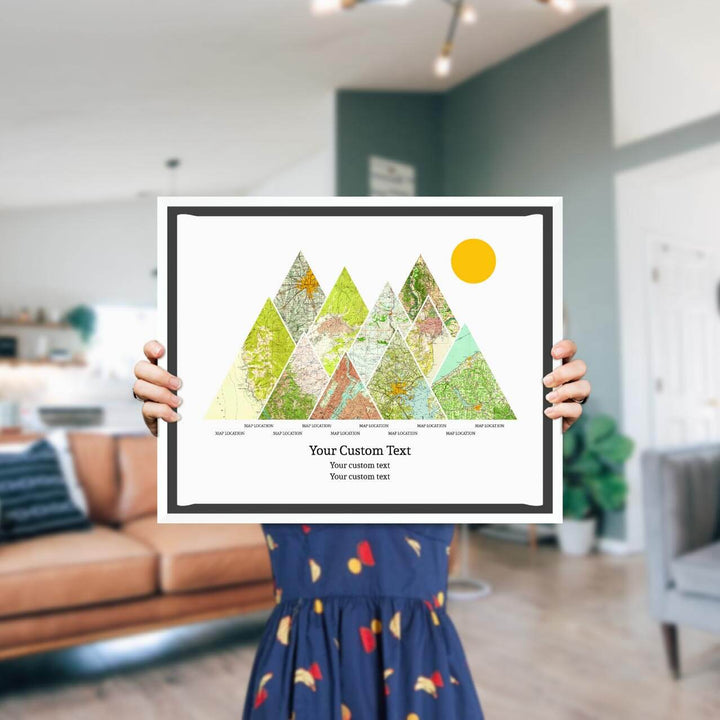 Personalized Mountain Atlas Map with 10 Locations, White Floater Framed Art Print, Styled#color-finish_white-floater-frame