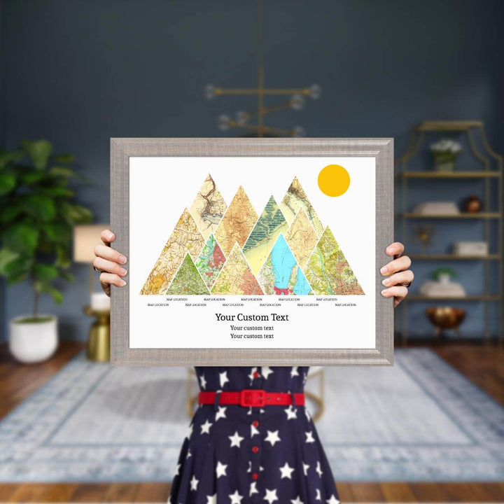 Personalized Mountain Atlas Map with 11 Locations, Gray Beveled Framed Art Print, Styled#color-finish_gray-beveled-frame