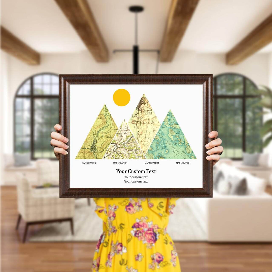 Personalized Mountain Atlas Map with 4 Locations, Espresso Beveled Framed Art Print, Styled#color-finish_espresso-beveled-frame