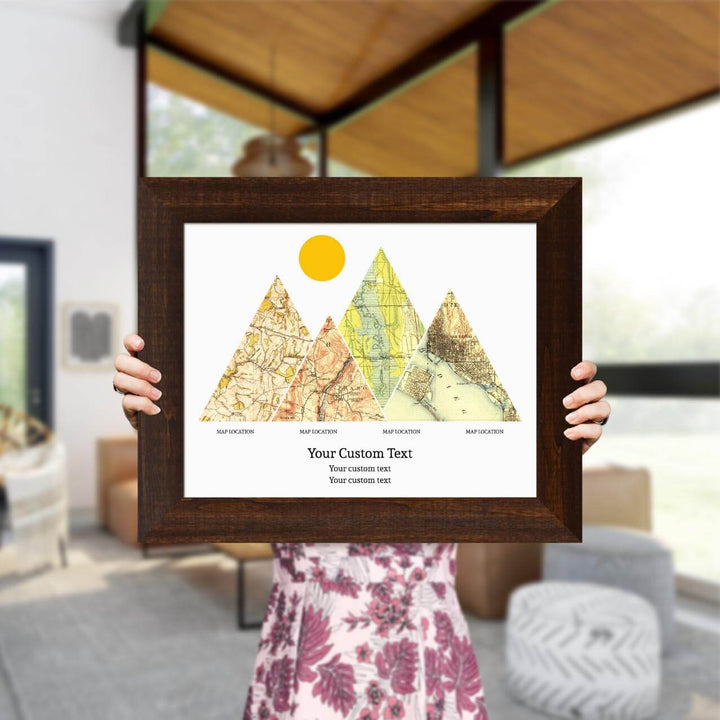 Personalized Mountain Atlas Map with 4 Locations, Espresso Wide Framed Art Print, Styled#color-finish_espresso-wide-frame