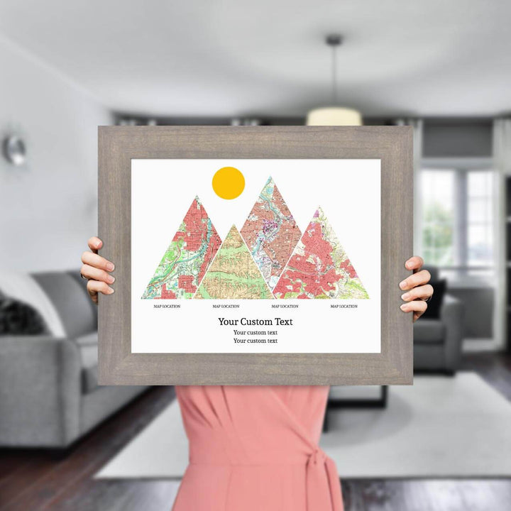 Personalized Mountain Atlas Map with 4 Locations, Gray Wide Framed Art Print, Styled#color-finish_gray-wide-frame