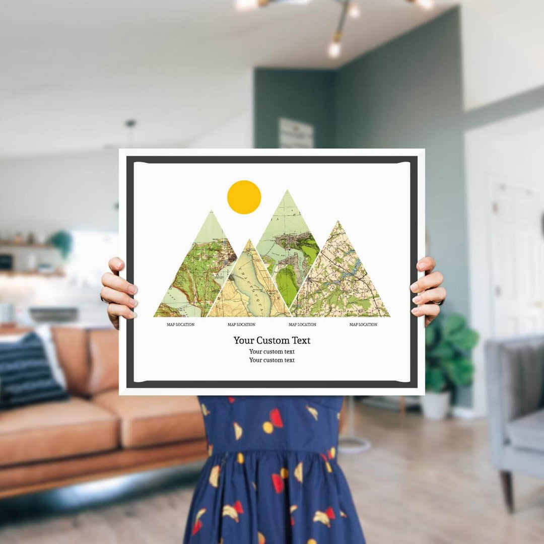 Personalized Mountain Atlas Map with 4 Locations, White Floater Framed Art Print, Styled#color-finish_white-floater-frame