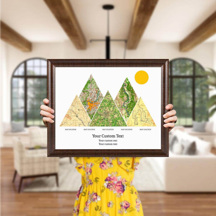 Personalized Mountain Atlas Map with 5 Locations, Espresso Beveled Framed Art Print, Styled#color-finish_espresso-beveled-frame