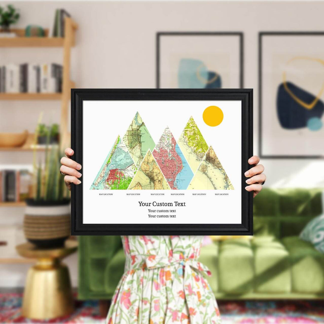 Personalized Mountain Atlas Map with 6 Locations, Black Beveled Framed Art Print, Styled#color-finish_black-beveled-frame