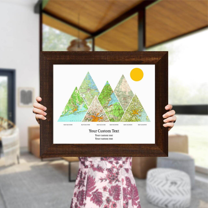 Personalized Mountain Atlas Map with 6 Locations, Espresso Wide Framed Art Print, Styled#color-finish_espresso-wide-frame