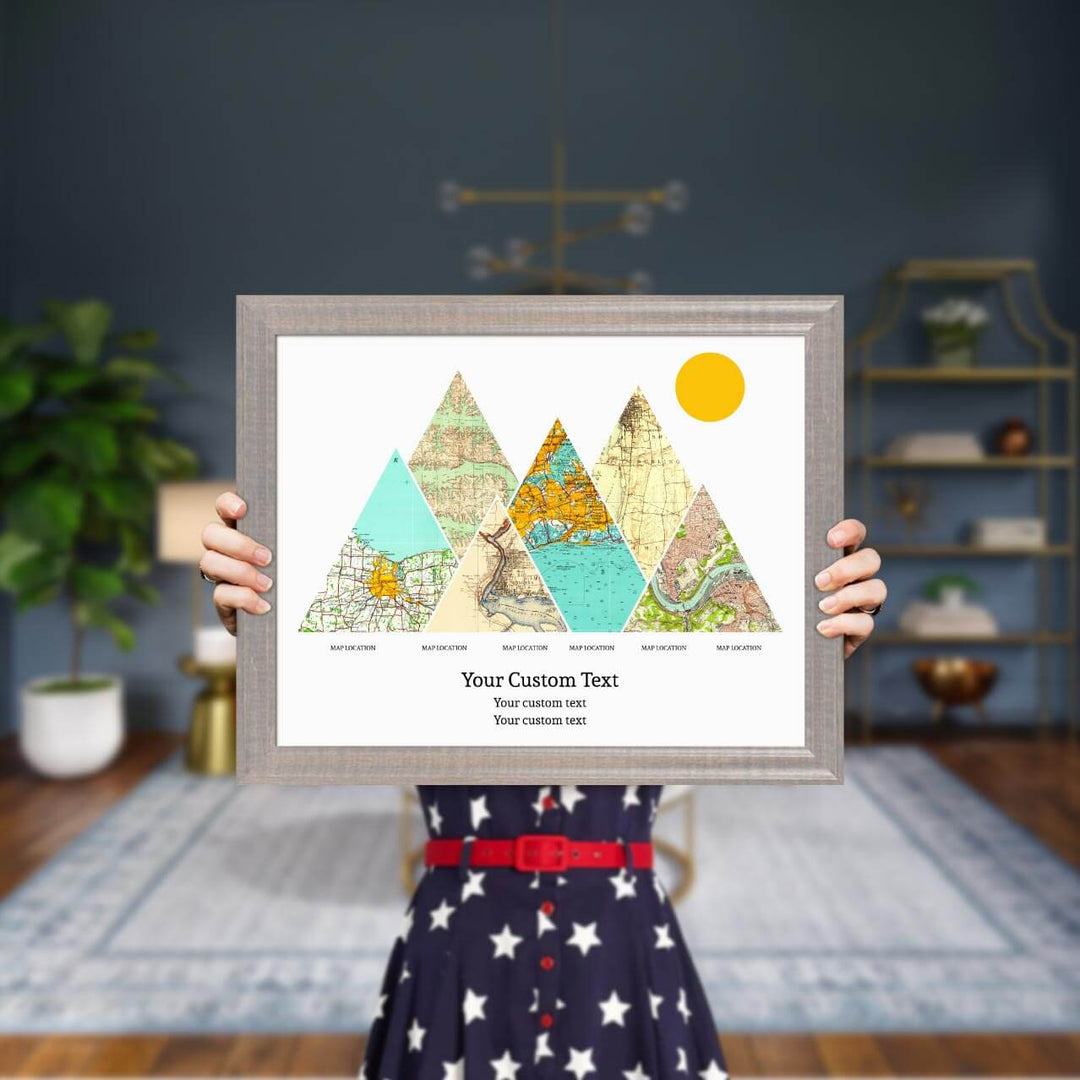 Personalized Mountain Atlas Map with 6 Locations, Gray Beveled Framed Art Print, Styled#color-finish_gray-beveled-frame