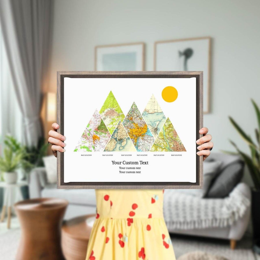 Personalized Mountain Atlas Map with 6 Locations, Gray Floater Framed Art Print, Styled#color-finish_gray-floater-frame