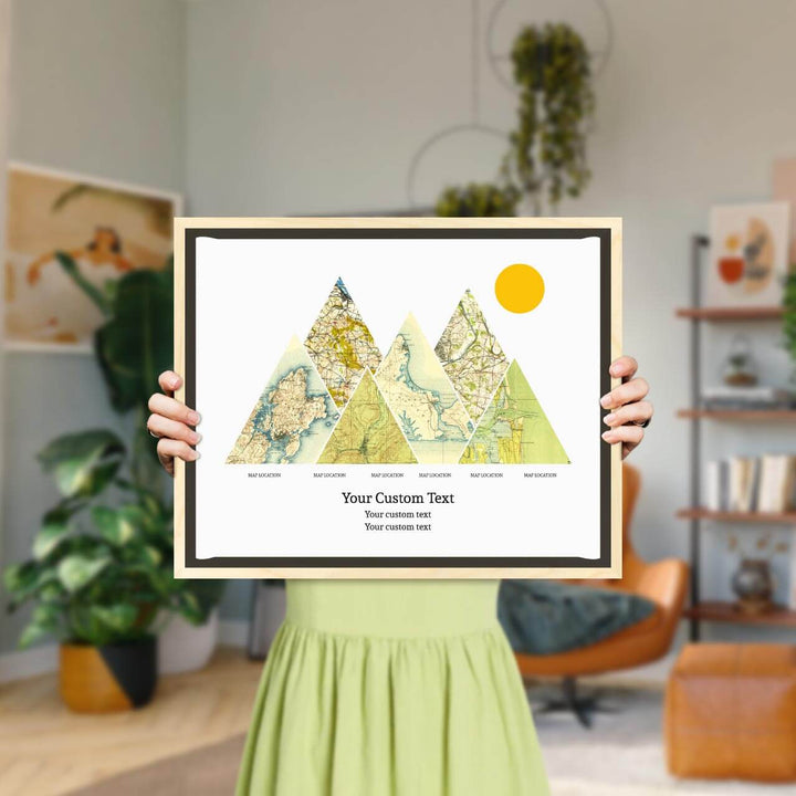 Personalized Mountain Atlas Map with 6 Locations, Light Wood Floater Framed Art Print, Styled#color-finish_light-wood-floater-frame
